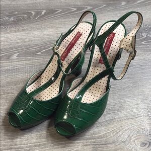 Green Patent Croc-Embossed T-Strap Peep-Toe Heels